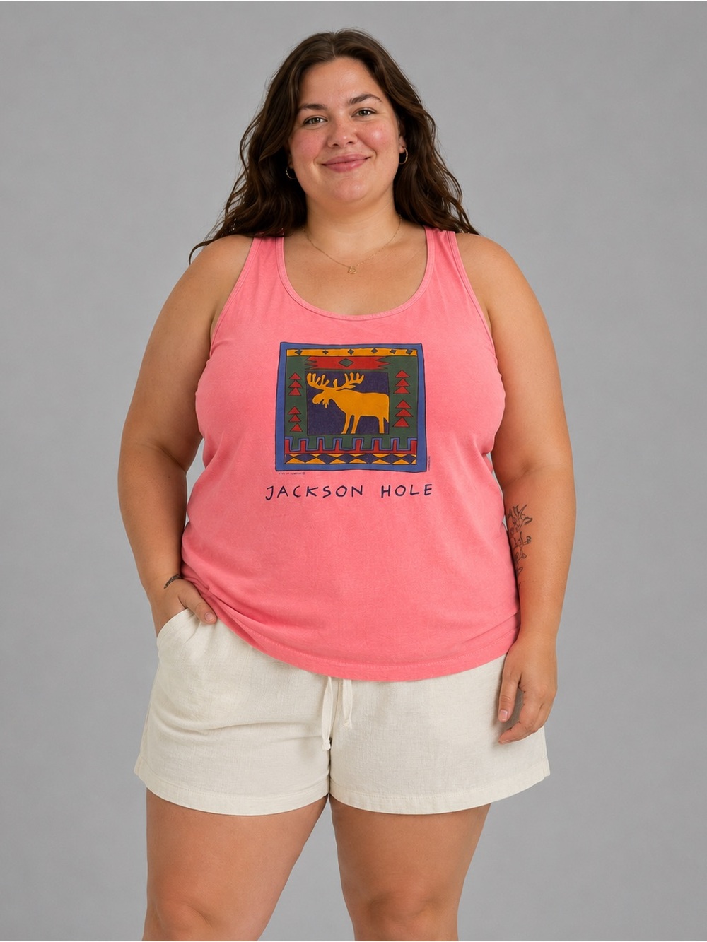Vintage Jackson Hole Moose Graphic Tank Top Pink XL USA Made 100% Cotton